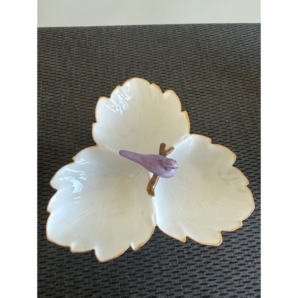 Elaine Klingenberg Hand Painted Porcelain Bird Leaf Nut Dish Gold Trim 6.5"